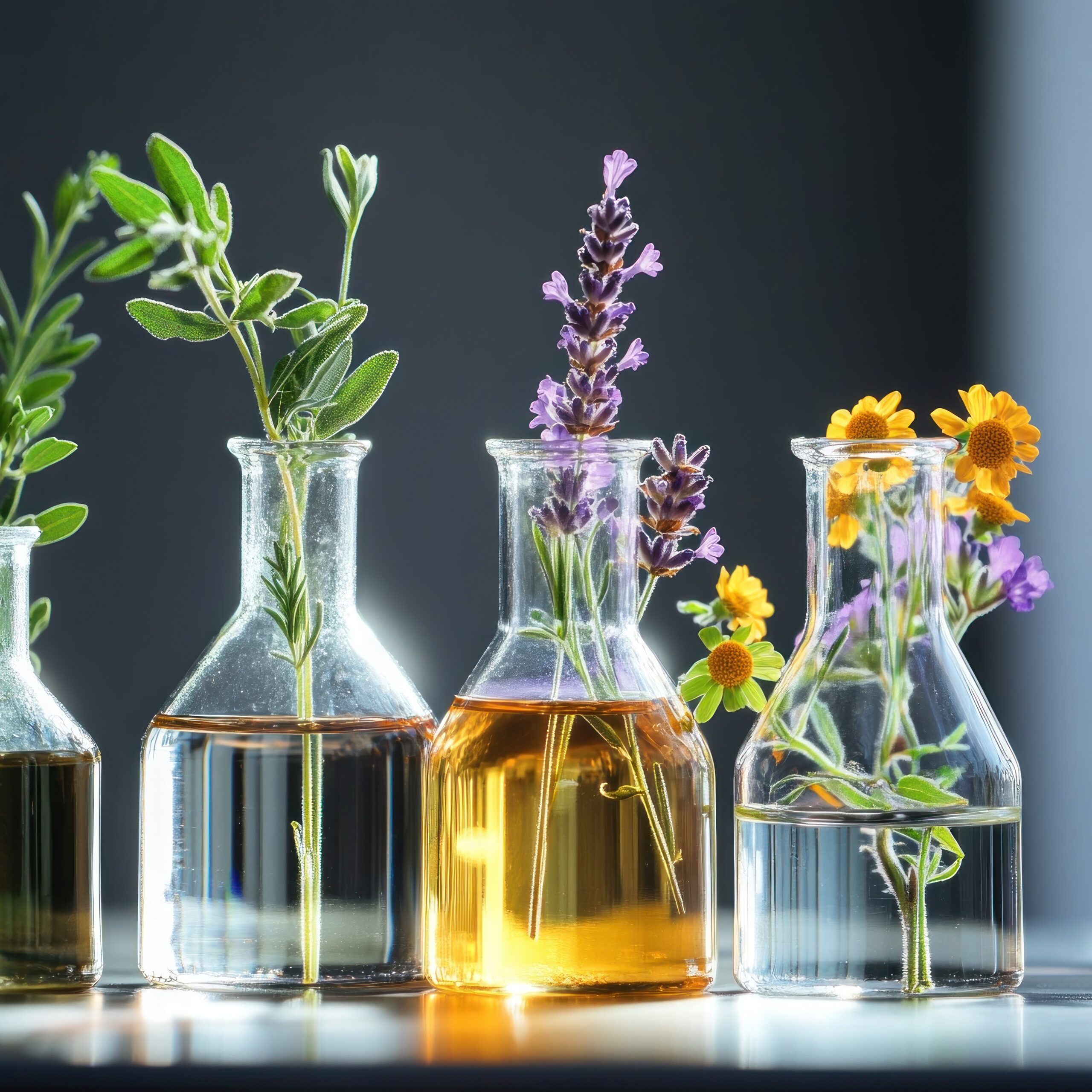 Herbal extracts in lab bottles
